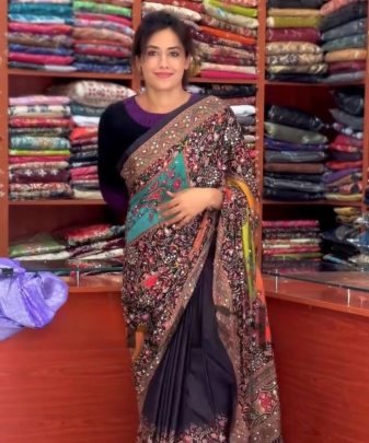 New Designer Heavy Natural Silk Fancy Digital Print With  Real Mirror Handwork