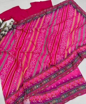 New Designer Heavy Natural Silk Fancy Digital Print With  Real Mirror Handwork