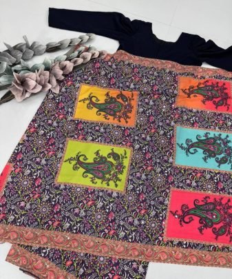 New Designer Heavy Natural Silk Fancy Digital Print With  Real Mirror Handwork