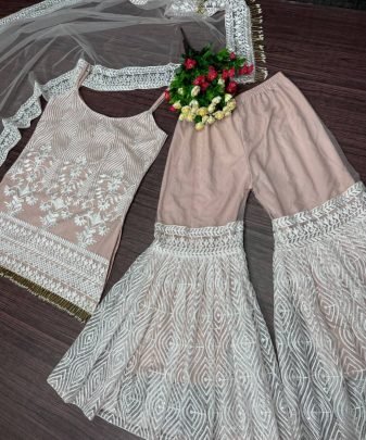 New Designer Heavy Soft Net Top With Full Chine Sequence Work Palazzo Suit