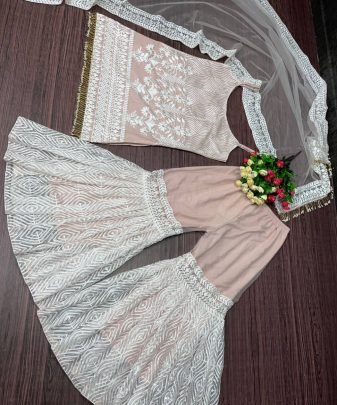 New Designer Heavy Soft Net Top With Full Chine Sequence Work Palazzo Suit