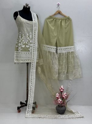 New Designer Heavy Soft Net Top With Full Chine Sequence Work Palazzo Suit