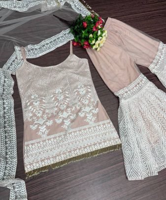 New Designer Heavy Soft Net Top With Full Chine Sequence Work Palazzo Suit