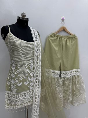 New Designer Heavy Soft Net Top With Full Chine Sequence Work Palazzo Suit