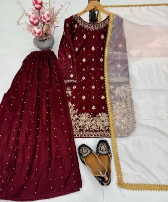 New Designer Party Wear Heavy Viscose Velvet Top With Sharara