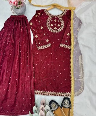 New Designer Party Wear Heavy Viscose Velvet Top With Sharara