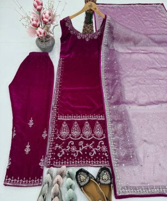 New Designer Party Wear Heavy Viscose Velvet 3 Pis Suit Set