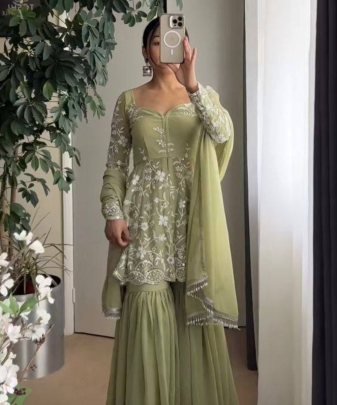 New Designer Wear Heavy Chine Work Top With Sharara And Dupatta