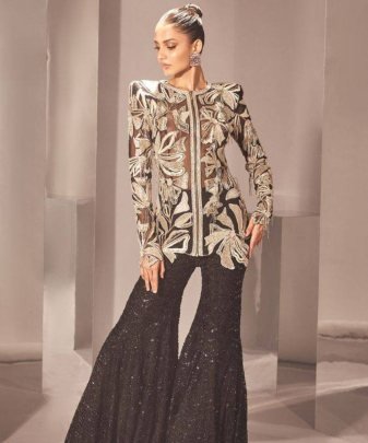 New Designer Wear Heavy Chine Sequence Work Top With Plazzo 2 Pis Suit