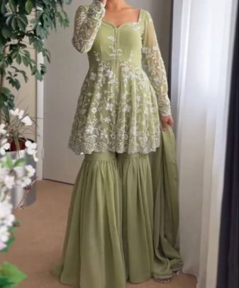 New Designer Wear Heavy Chine Work Top With Sharara And Dupatta