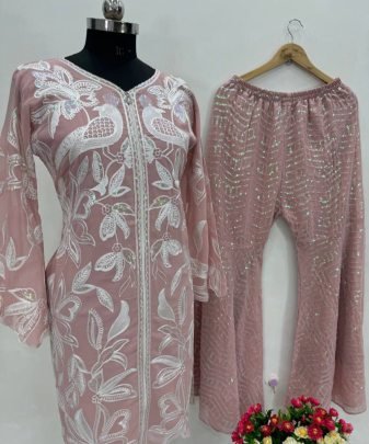 New Designer Wear Heavy Chine Sequence Work Top With Plazzo 2 Pis Suit