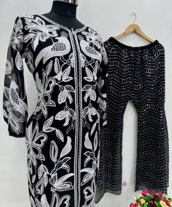 New Designer Wear Heavy Chine Sequence Work Top With Plazzo 2 Pis Suit