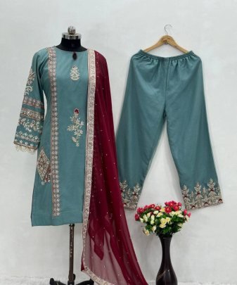 New Designer Wear Heavy Chine Sequence With Heavy Hand Work Pakistani Suit Set