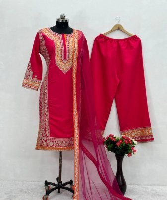 New Designer Wear Heavy Chine Stitch  Work 3 Pis Suit Set
