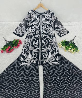 New Designer Wear Heavy Chine Sequence Work Top With Plazzo 2 Pis Suit