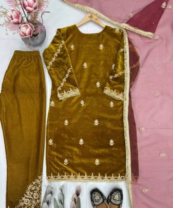 New Designer Wear Heavy Chine Stitched Work 3 Pis Suit Set