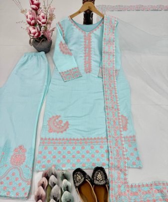 New Designer Wear Heavy Embroidered Work With Fancy Top plazzo And Dupatta Set