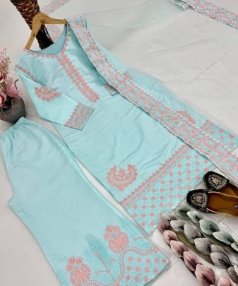 New Designer Wear Heavy Embroidered Work With Fancy Top plazzo And Dupatta Set