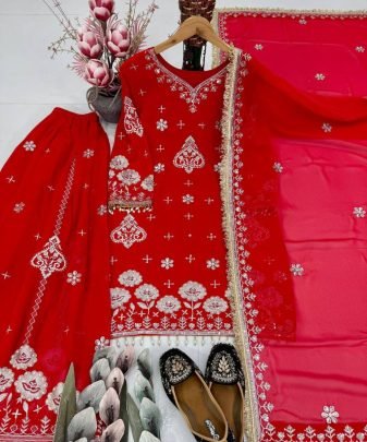 Party Wear Heavy Fuax Georgette Embroidery Sequence Work 3 Pis Suit Set