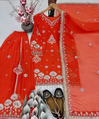 Party Wear Heavy Fuax Georgette Embroidery Sequence Work 3 Pis Suit Set