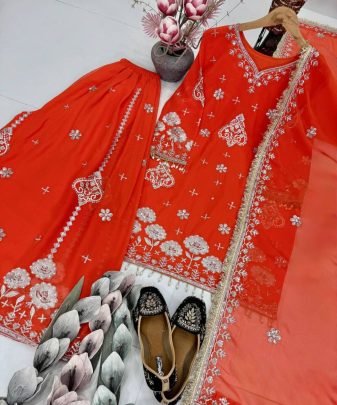 Party Wear Heavy Fuax Georgette Embroidery Sequence Work 3 Pis Suit Set