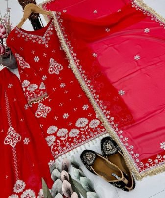 Party Wear Heavy Fuax Georgette Embroidery Sequence Work 3 Pis Suit Set