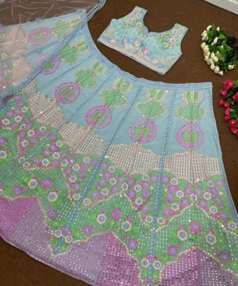 Wedding Wear Heavy Fuax Georgette Embroidered Sequence Real Mirror Work Lehengas Choli