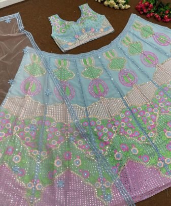 Wedding Wear Heavy Fuax Georgette Embroidered Sequence Real Mirror Work Lehengas Choli